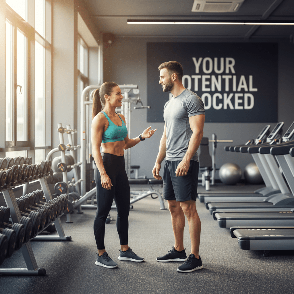 Fitness coach motivating a client in a modern gym setting