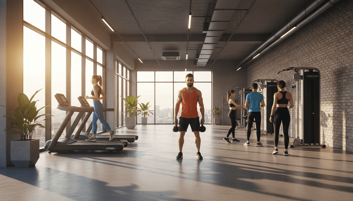 Diverse Menschen verschiedener Altersgruppen trainieren gemeinsam in einem modernen, hellen Fitnessstudio mit professioneller Betreuung