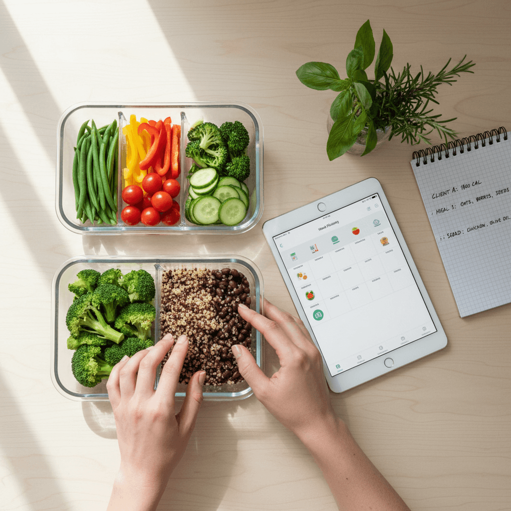 Nutritionist organizing whole foods and meal prep containers on desk with nutrition app displayed on tablet