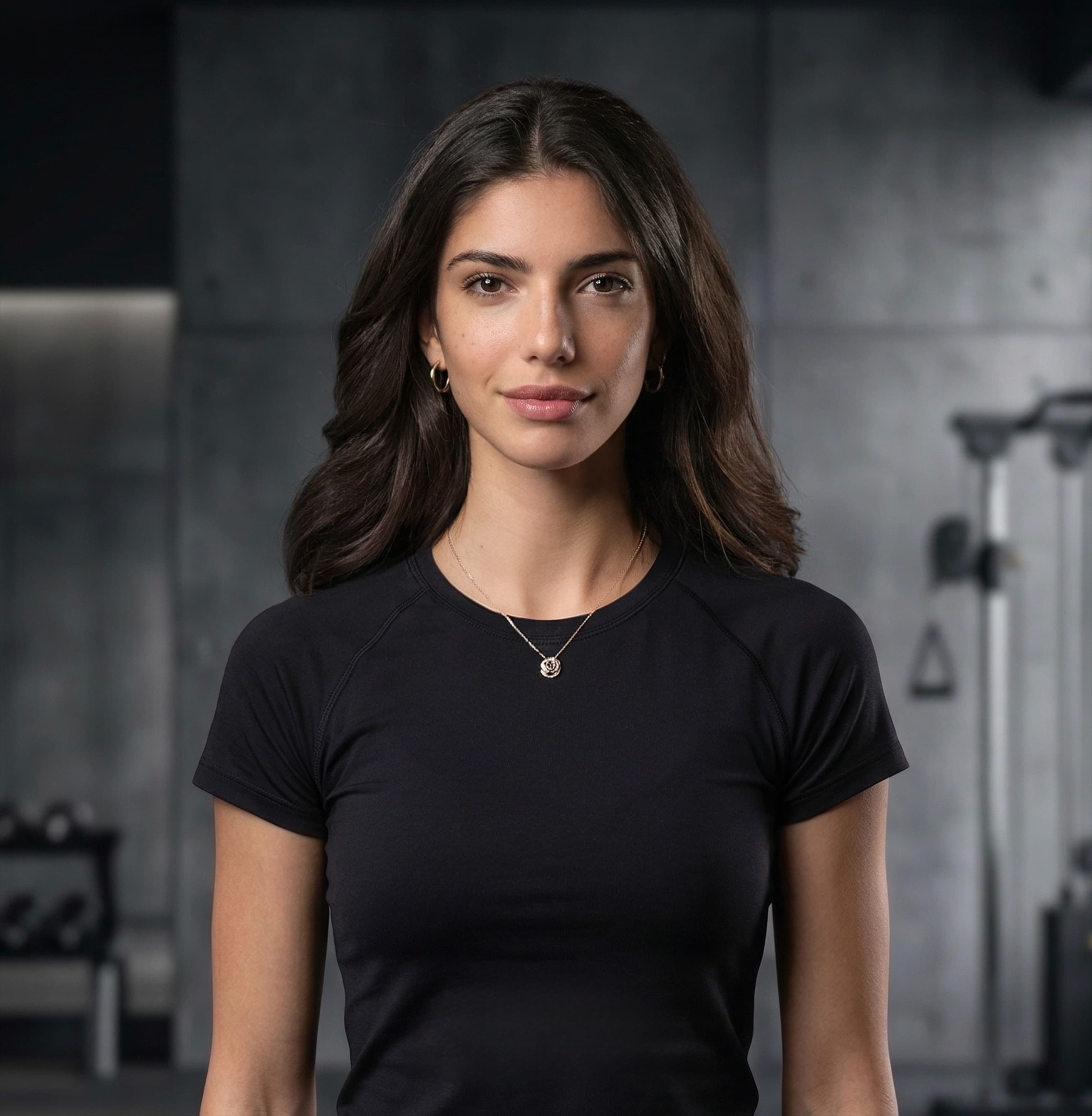 Brünette Frau mit langen Haaren in schwarzem T-Shirt steht in einem modern eingerichteten Fitnessstudio.